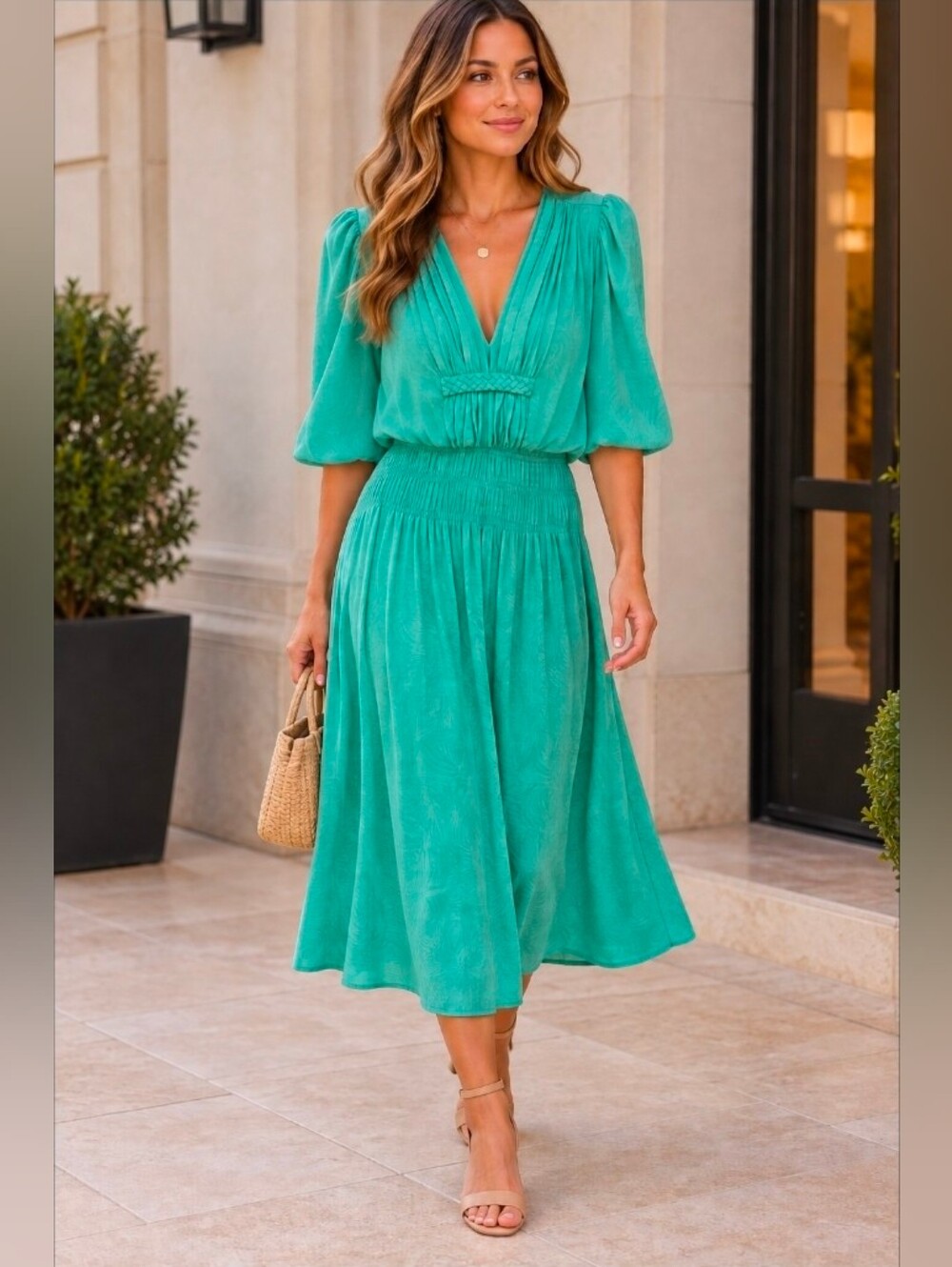 Current Air Los Angeles Women's Teal V-Neck Pleated Midi Dress